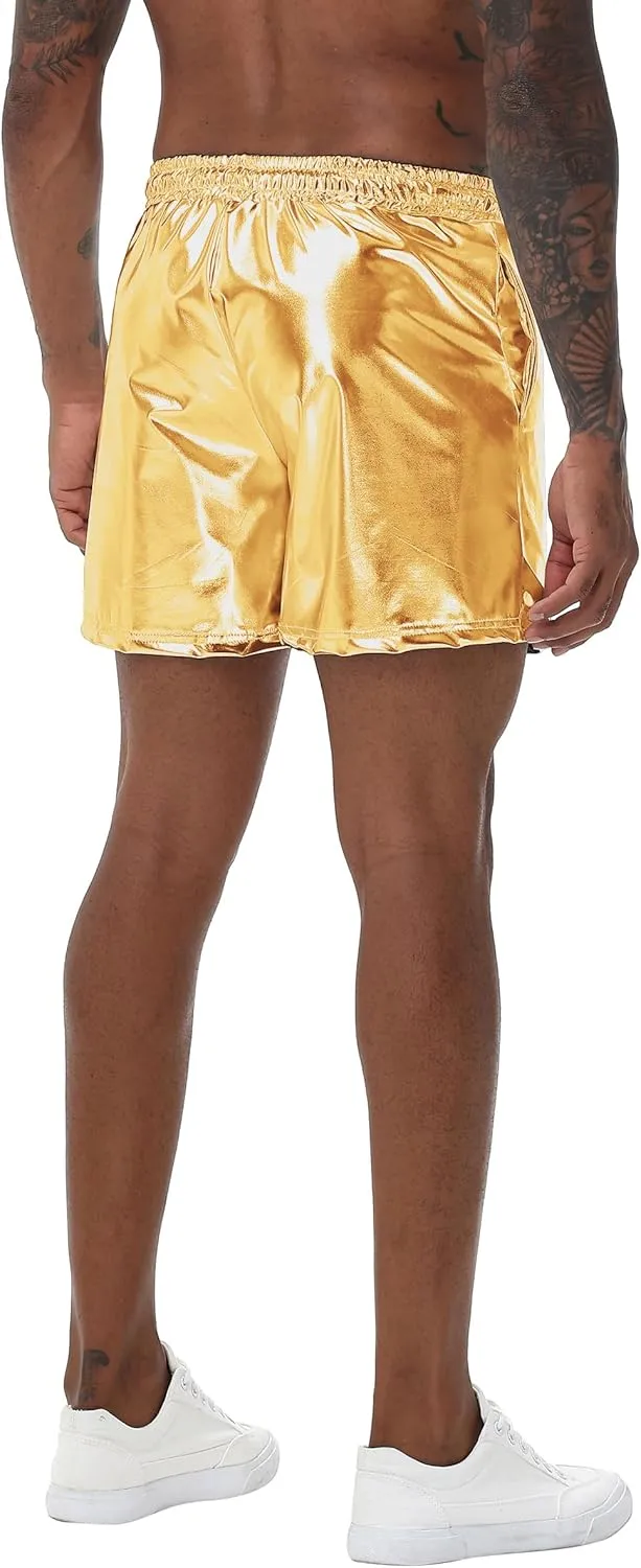 Mens Gold Metallic Shiny Rave Night Club Shorts Comfort Sweatpants Disco Dance Party Elastic Trousers