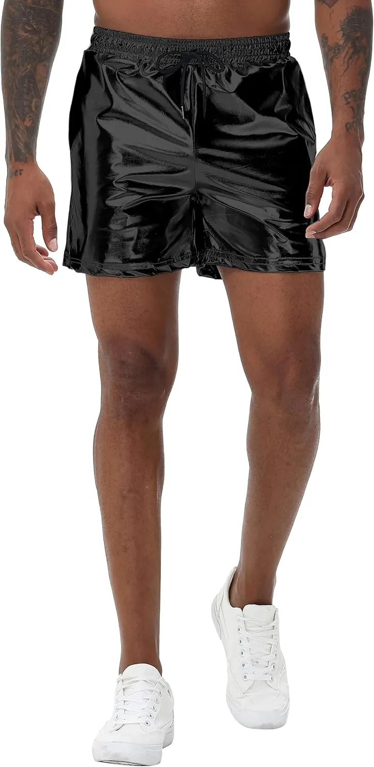 Mens Gold Metallic Shiny Rave Night Club Shorts Comfort Sweatpants Disco Dance Party Elastic Trousers