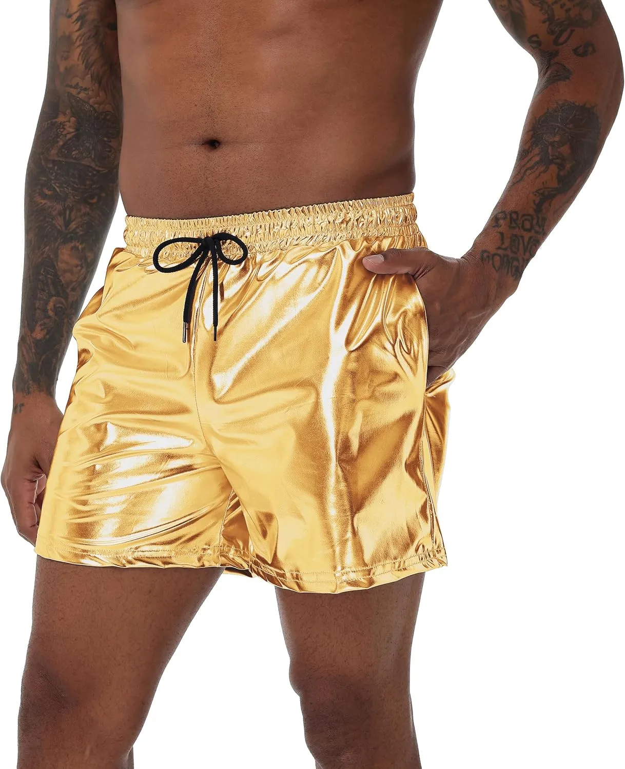 Mens Gold Metallic Shiny Rave Night Club Shorts Comfort Sweatpants Disco Dance Party Elastic Trousers