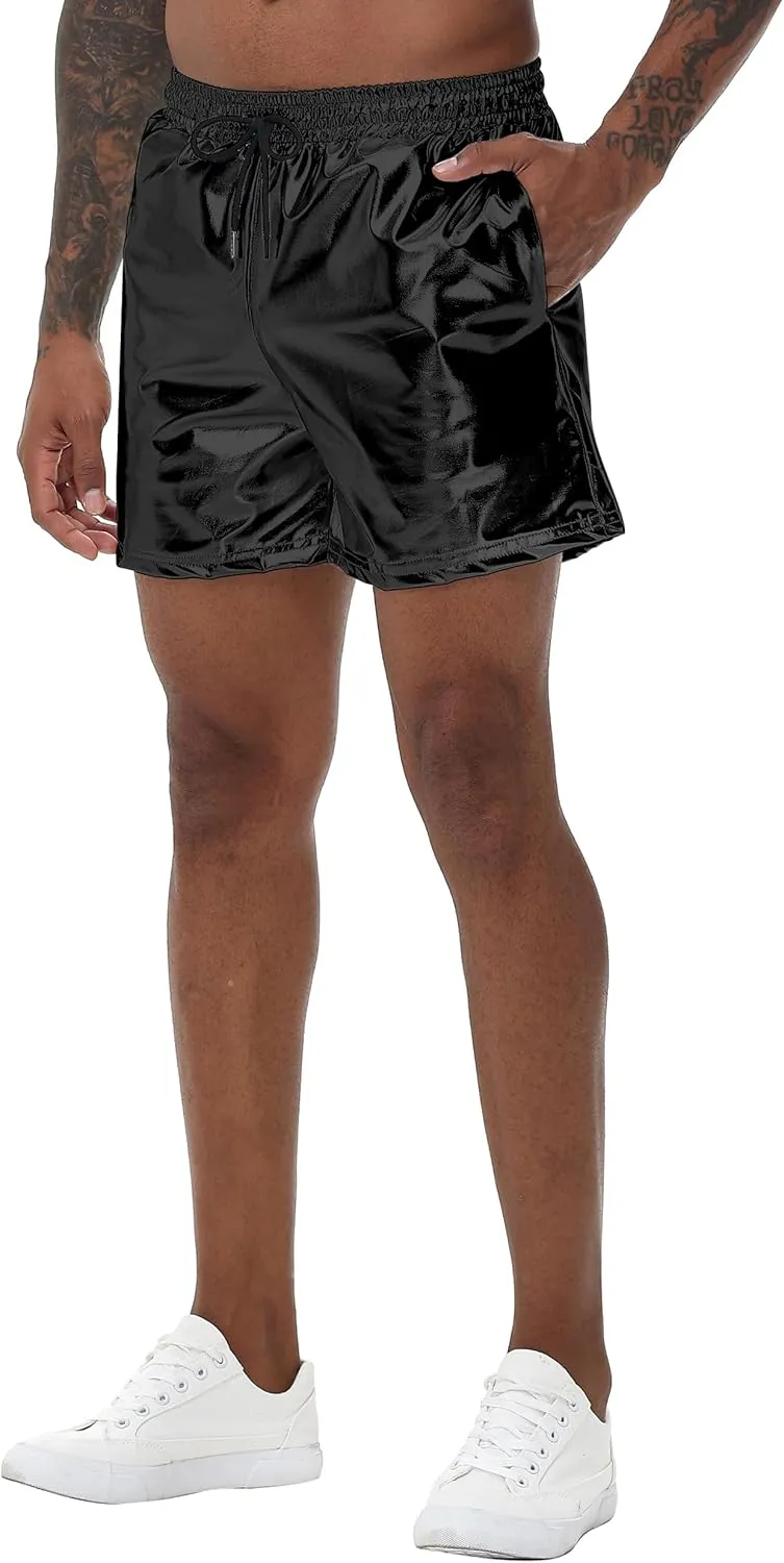 Mens Gold Metallic Shiny Rave Night Club Shorts Comfort Sweatpants Disco Dance Party Elastic Trousers