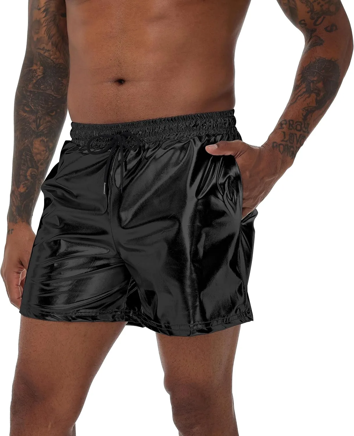 Mens Gold Metallic Shiny Rave Night Club Shorts Comfort Sweatpants Disco Dance Party Elastic Trousers