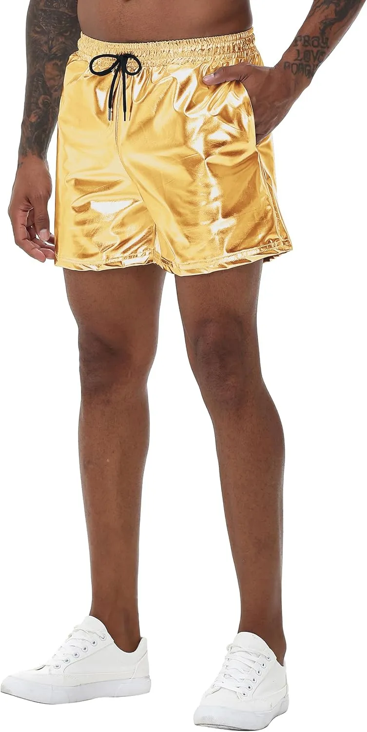 Mens Gold Metallic Shiny Rave Night Club Shorts Comfort Sweatpants Disco Dance Party Elastic Trousers