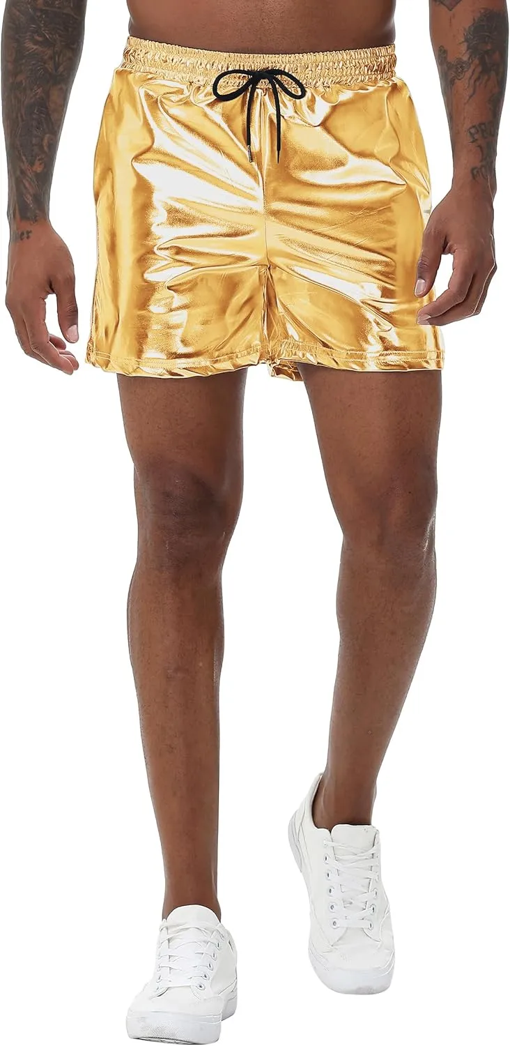 Mens Gold Metallic Shiny Rave Night Club Shorts Comfort Sweatpants Disco Dance Party Elastic Trousers