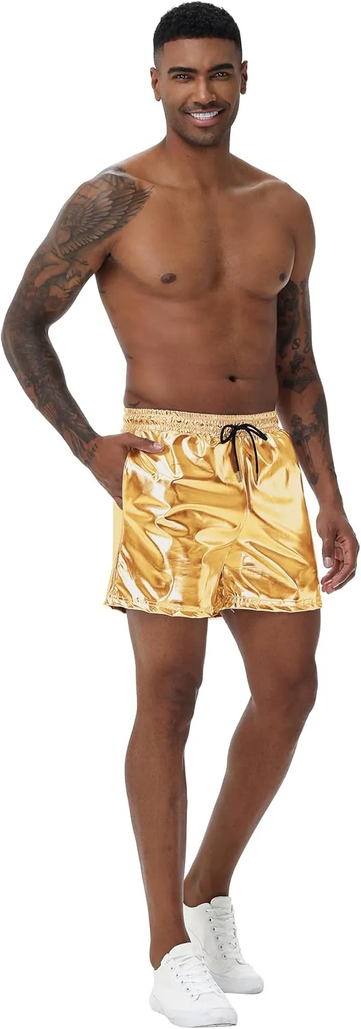 Mens Gold Metallic Shiny Rave Night Club Shorts Comfort Sweatpants Disco Dance Party Elastic Trousers