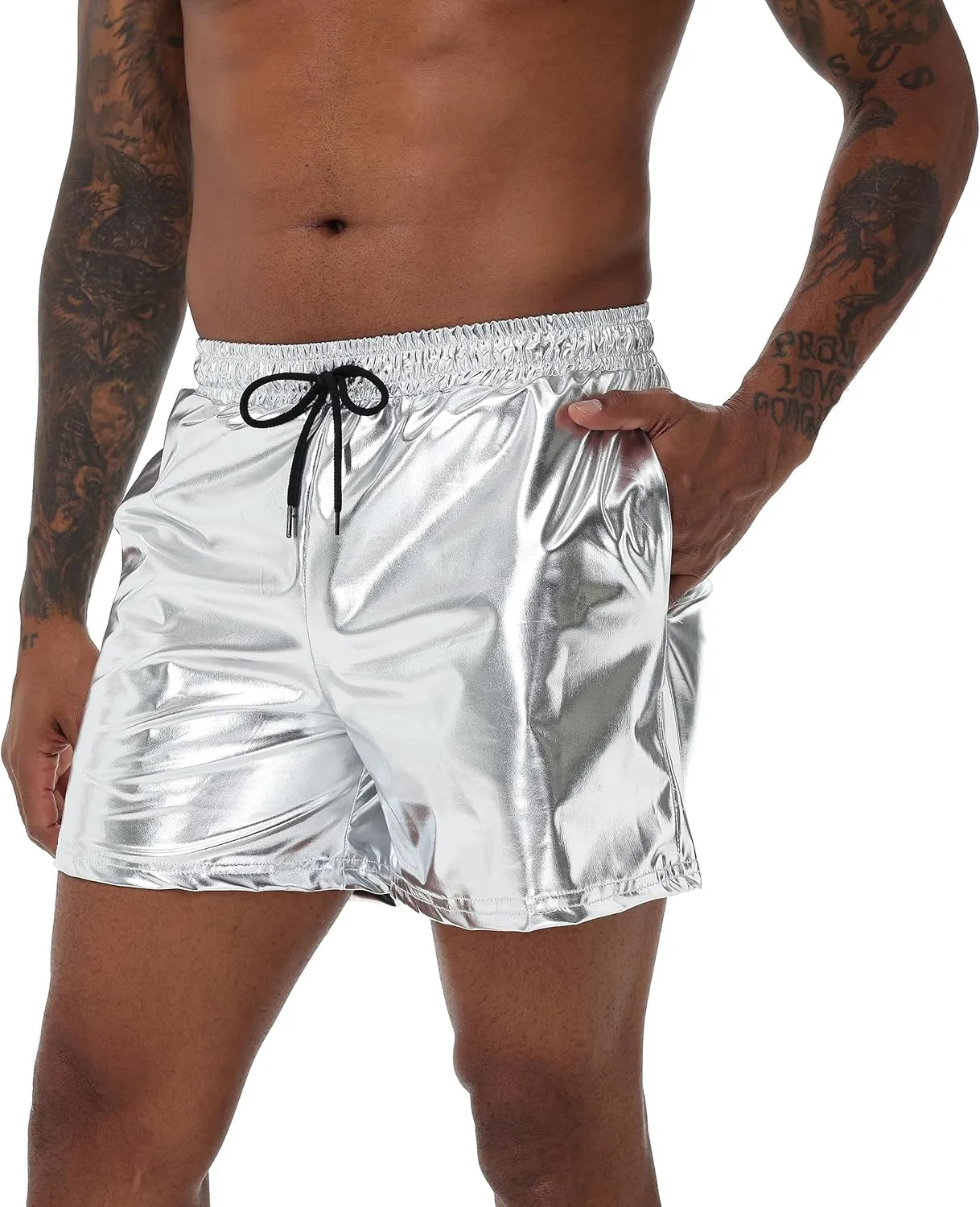 Mens Gold Metallic Shiny Rave Night Club Shorts Comfort Sweatpants Disco Dance Party Elastic Trousers
