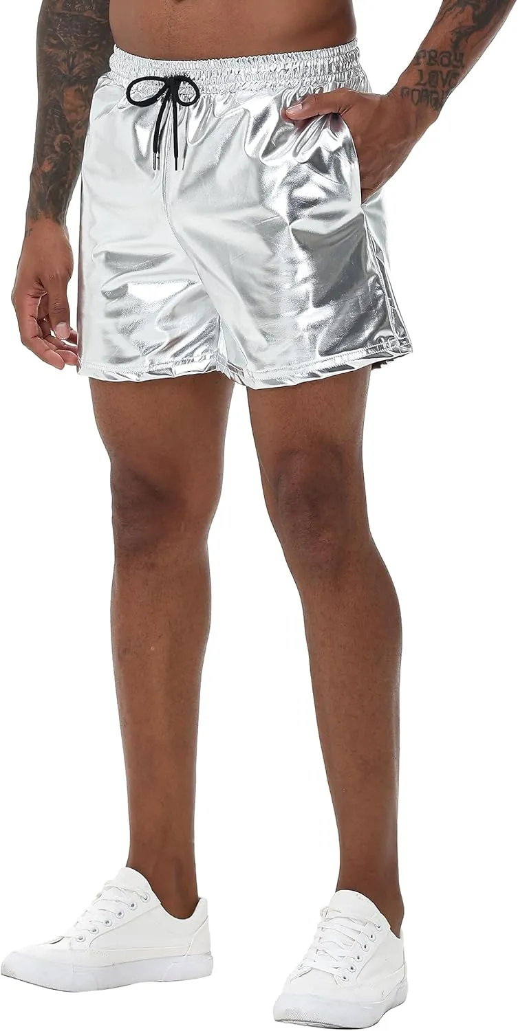 Mens Gold Metallic Shiny Rave Night Club Shorts Comfort Sweatpants Disco Dance Party Elastic Trousers