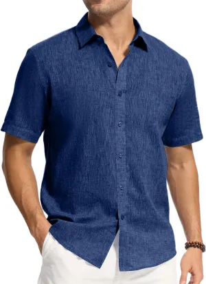 Mens Linen Shirts Button Down Short Sleeve Camp Shirt Button Up Summer Beach Casual Shirt Untuckit Regular Fit Breathable
