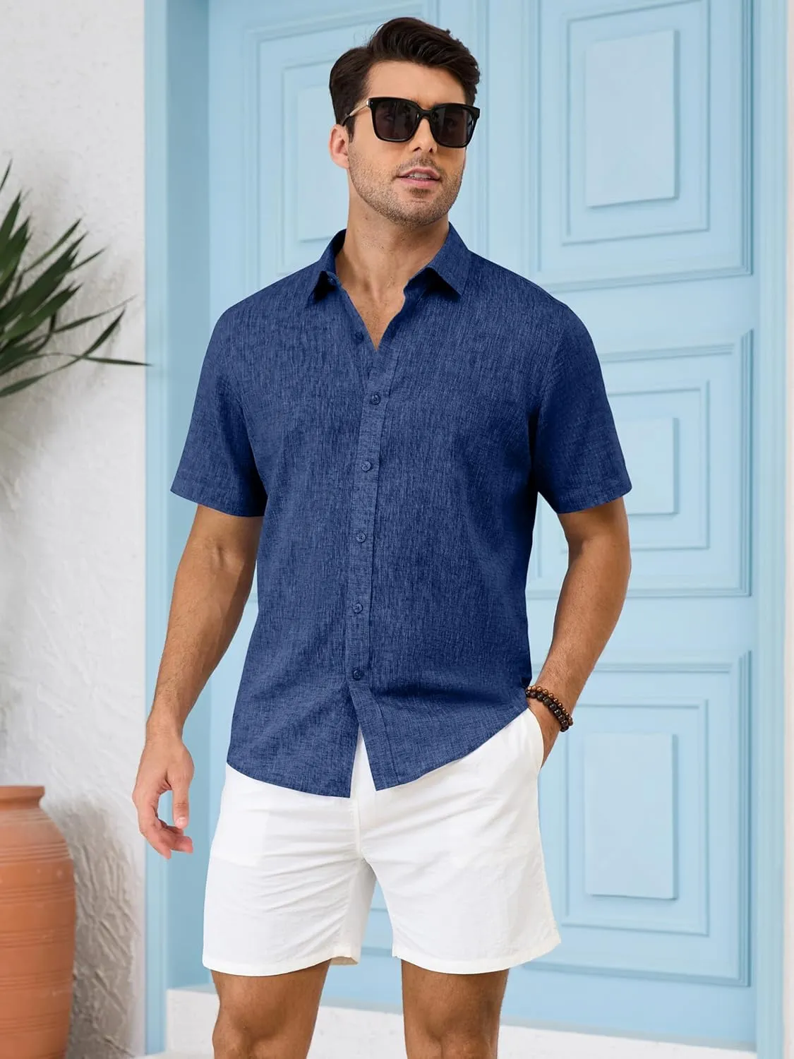 Mens Linen Shirts Button Down Short Sleeve Camp Shirt Button Up Summer Beach Casual Shirt Untuckit Regular Fit Breathable