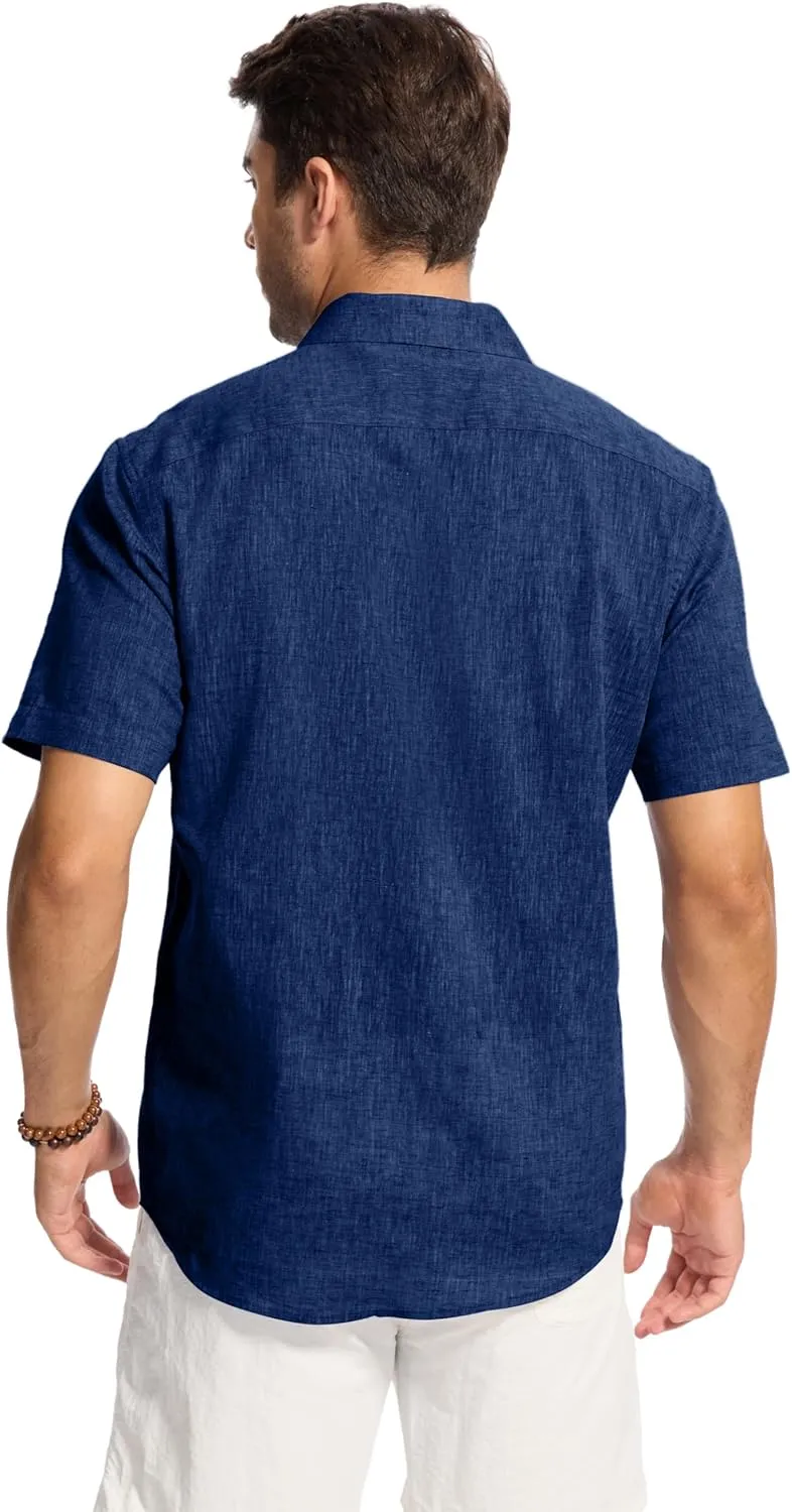 Mens Linen Shirts Button Down Short Sleeve Camp Shirt Button Up Summer Beach Casual Shirt Untuckit Regular Fit Breathable