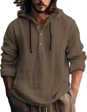 Mens Long Sleeve Linen Hippie Shirts with Hood V Neck Button Up Hooded Sweatshirts Casual Hawaiian Beach Yoga Shirts