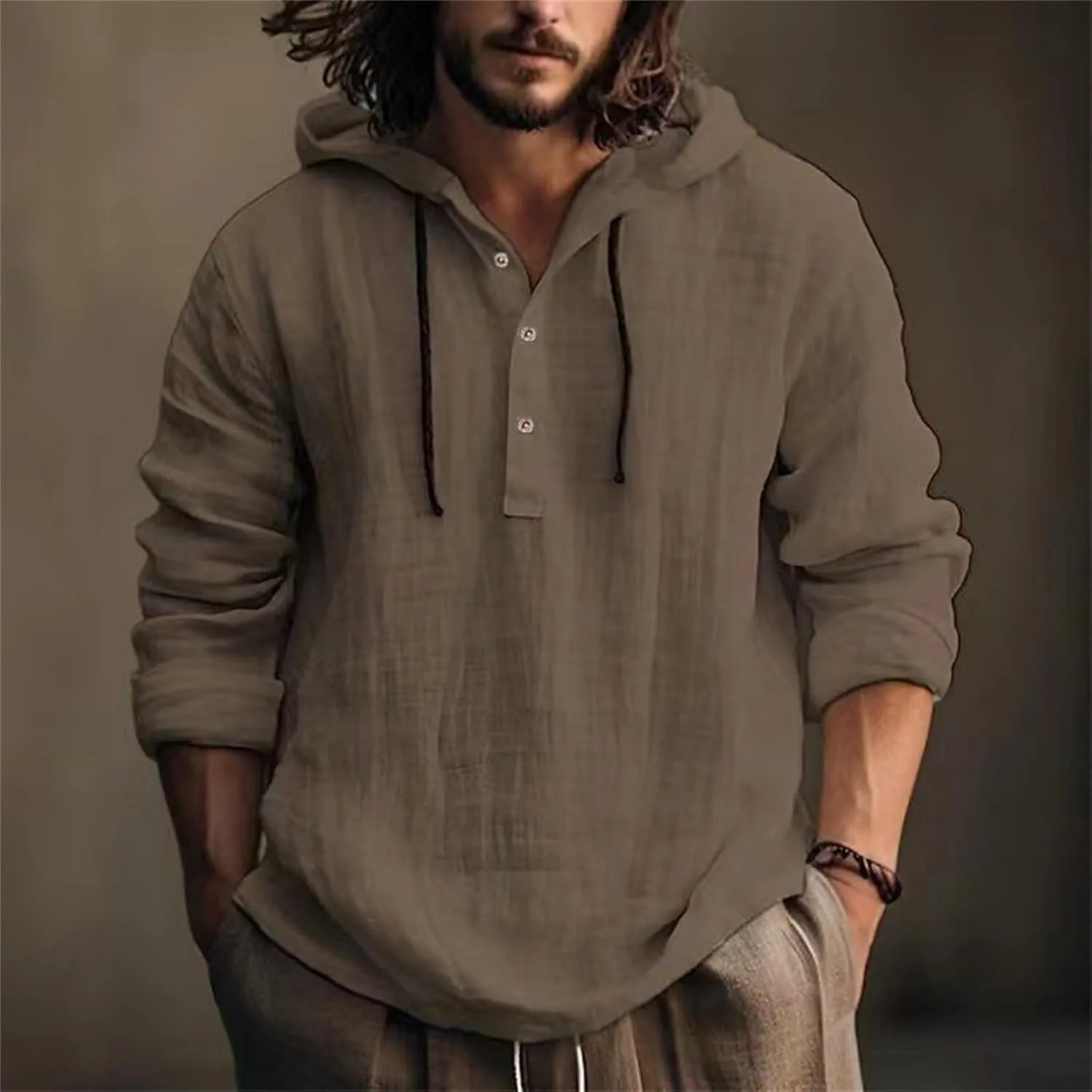 Mens Long Sleeve Linen Hippie Shirts with Hood V Neck Button Up Hooded Sweatshirts Casual Hawaiian Beach Yoga Shirts