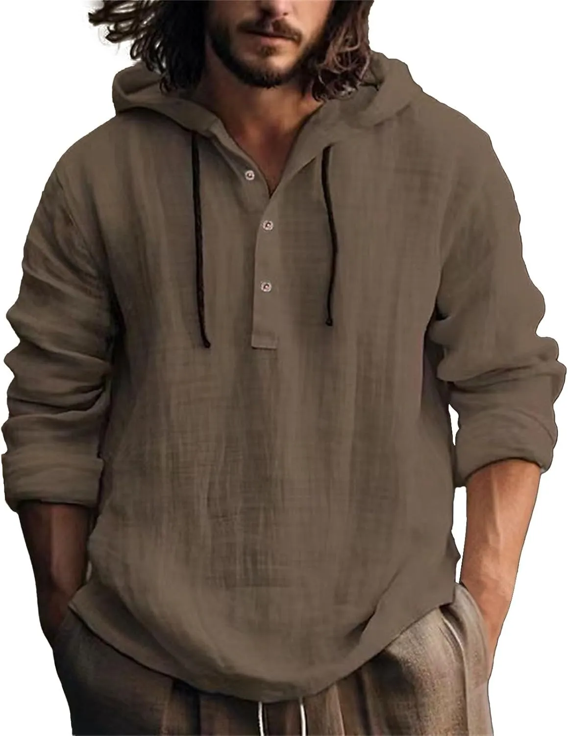 Mens Long Sleeve Linen Hippie Shirts with Hood V Neck Button Up Hooded Sweatshirts Casual Hawaiian Beach Yoga Shirts