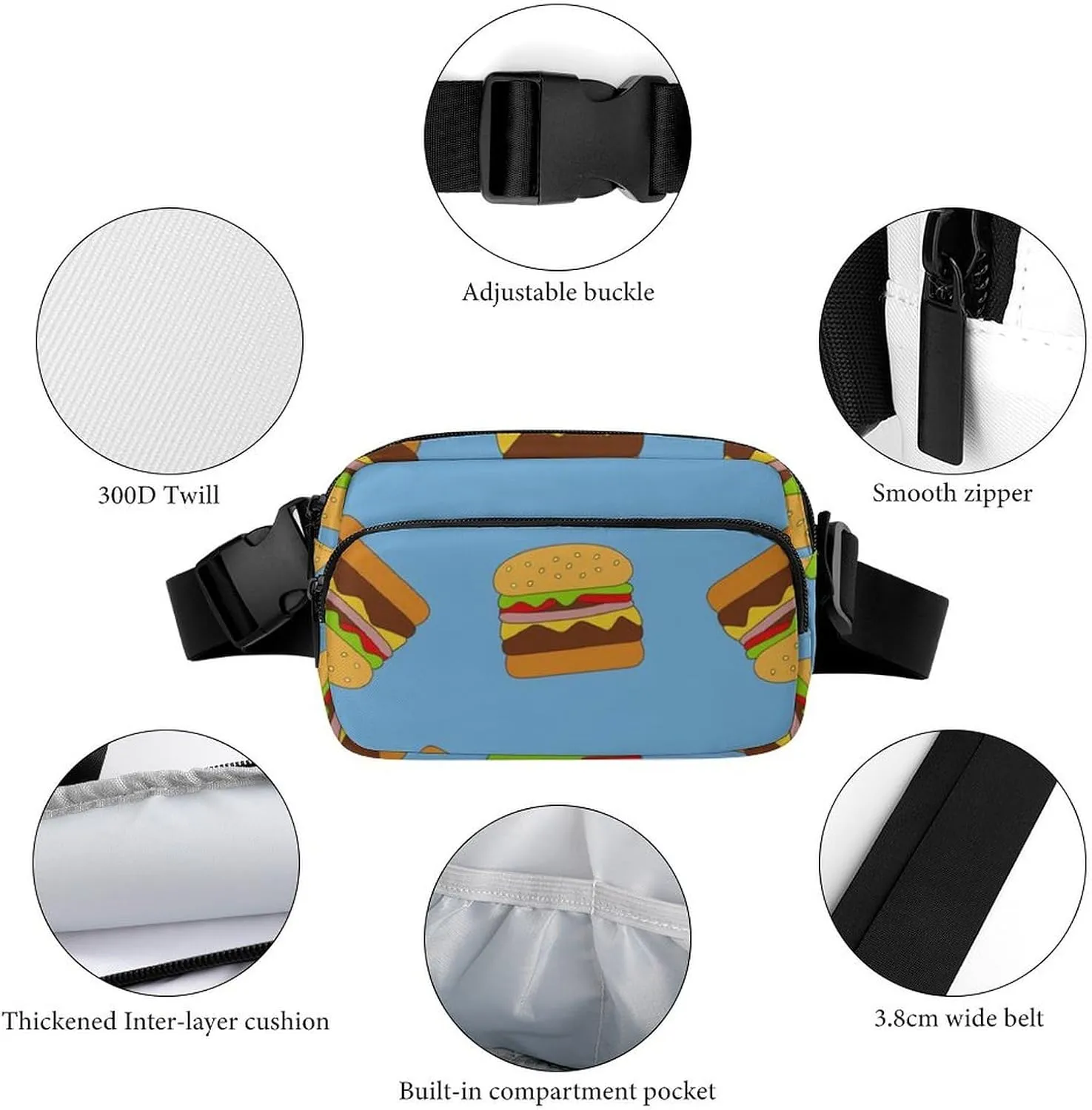 Mens Outdoor Adventure Waist Pack Adjustable Crossbody Fanny Bag Compatible with Hamburger Junk Food