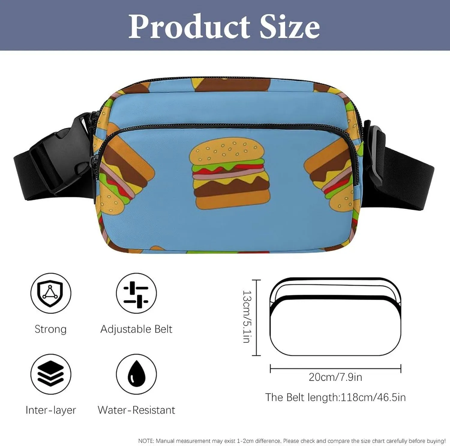 Mens Outdoor Adventure Waist Pack Adjustable Crossbody Fanny Bag Compatible with Hamburger Junk Food