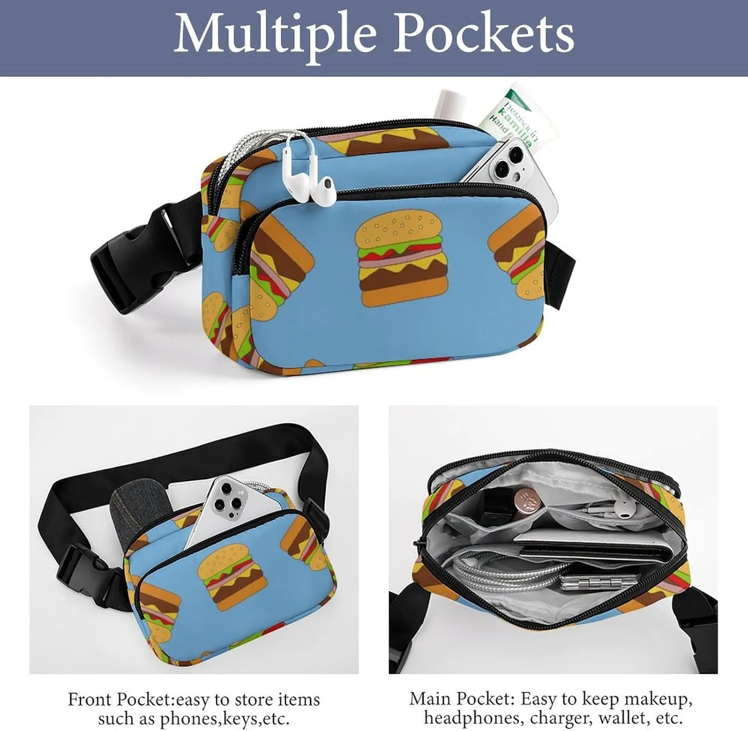 Mens Outdoor Adventure Waist Pack Adjustable Crossbody Fanny Bag Compatible with Hamburger Junk Food