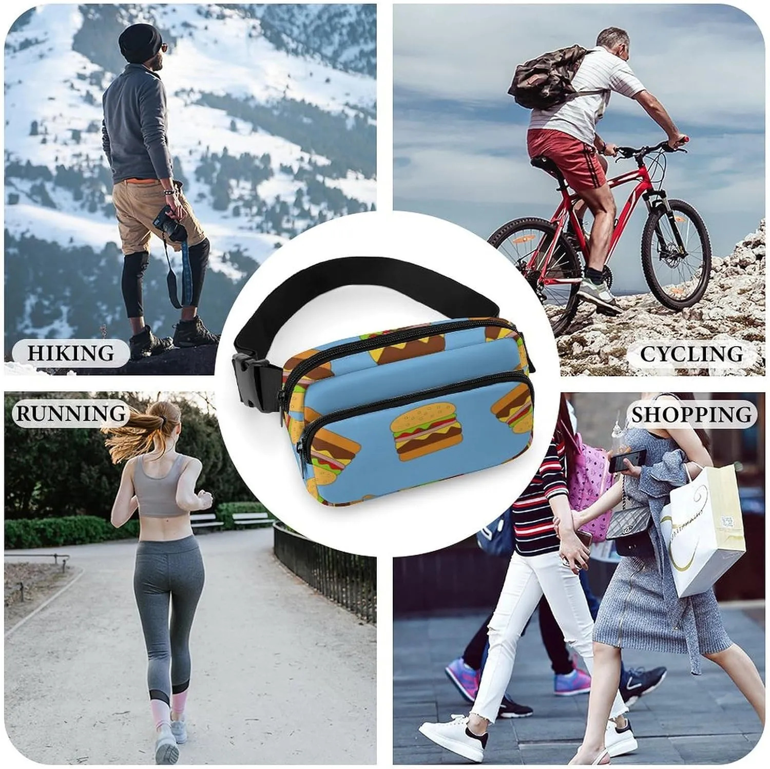 Mens Outdoor Adventure Waist Pack Adjustable Crossbody Fanny Bag Compatible with Hamburger Junk Food