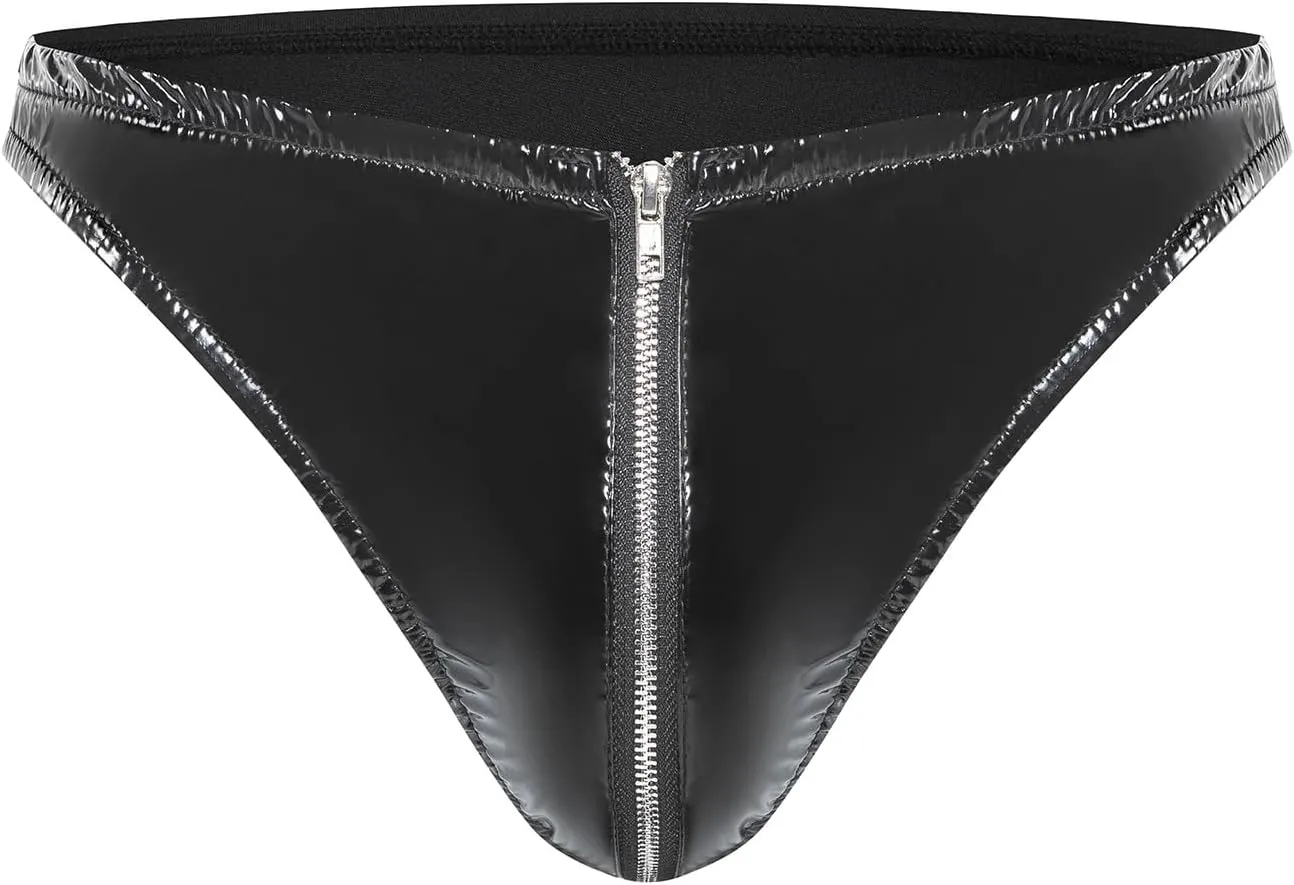 Men's PVC Mirrored Leather Briefs Sexy Zipper Crotchless Leather Briefs