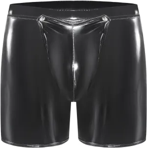 Men's PVC Shiny Leather Boxer Briefs Sexy Open Crotch Leather Shorts