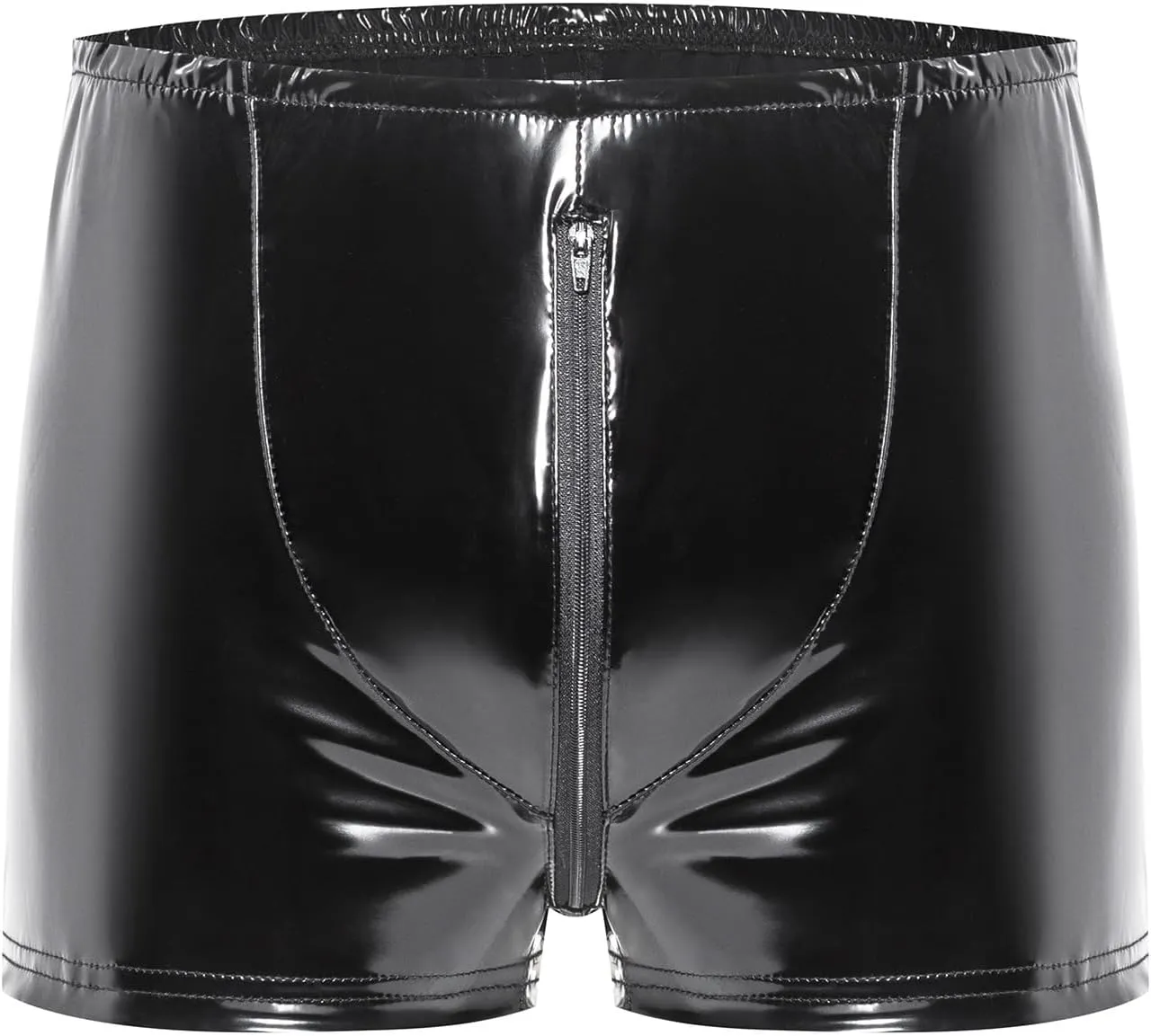 Men's PVC Shiny Leather Boxer Briefs Sexy Zipper Crotchless Leather Shorts