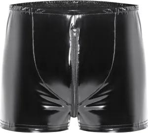 Men's PVC Shiny Leather Boxer Briefs Sexy Zipper Crotchless Leather Shorts