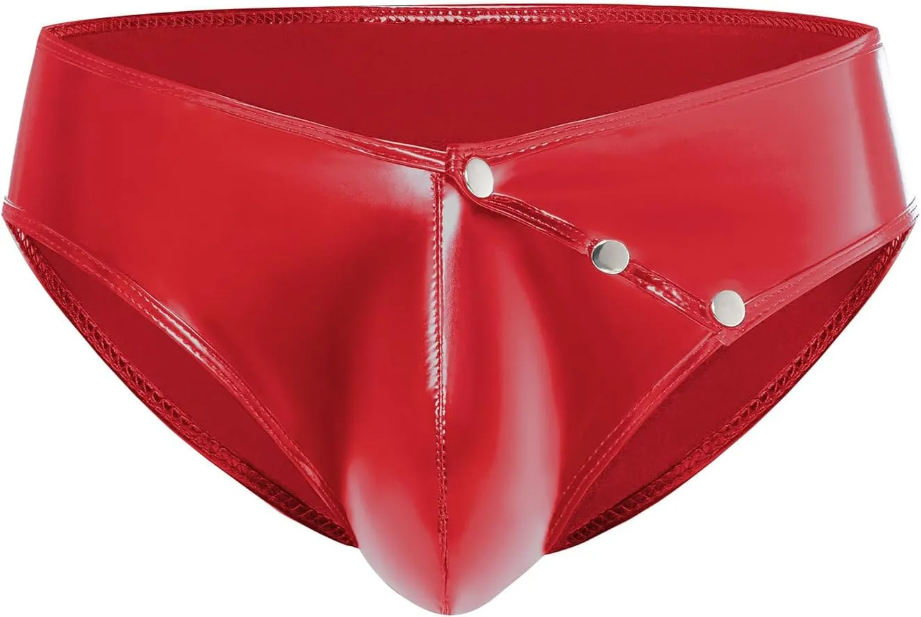 Men's PVC Shiny Leather Briefs Sexy Open Crotch Leather Shorts
