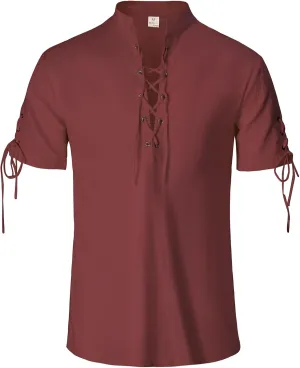 Mens Renaissance Shirt Pirate Medieval Viking Steampunk Top Lace Up V Neck Linen Short Sleeve Halloween Costume