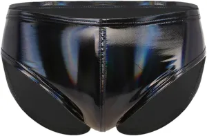 Men's Sexy Solid Color Patent Leather Briefs Low Waist Elastic Waistband Shorts Black B XL
