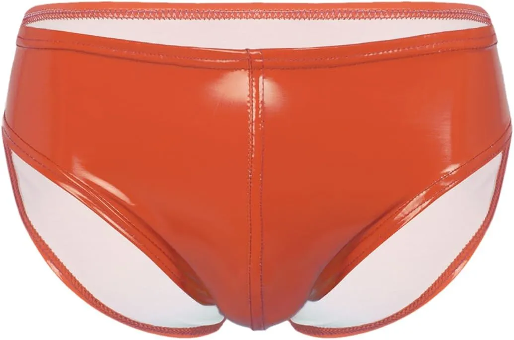 Men's Sexy Solid Color Patent Leather Briefs Low Waist Elastic Waistband Shorts Orange L