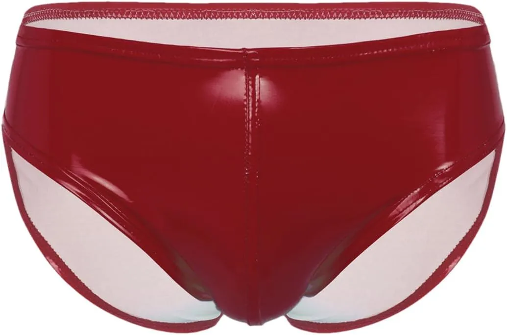Men's Sexy Solid Color Patent Leather Briefs Low Waist Elastic Waistband Shorts Red 4XL