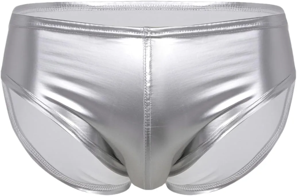 Men's Sexy Solid Color Patent Leather Briefs Low Waist Elastic Waistband Shorts Silver M