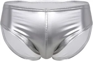 Men's Sexy Solid Color Patent Leather Briefs Low Waist Elastic Waistband Shorts Silver XL