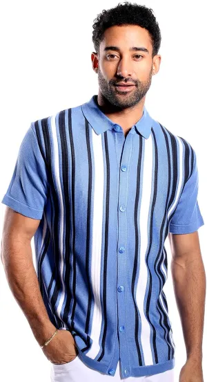 Mens Short Sleeve Knit Sports Shirt - Modern Polo Vintage Classics: Vertical Stripe Color Block