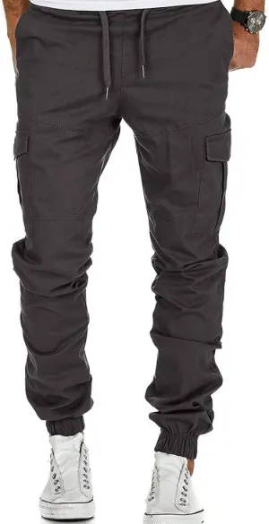 Mens Slim Fit Tapered Pants Flap Pocket Drawstring Elastic Waist Ripstop Cargo Joggers Stretch Chino Casul Work Trousers Gray