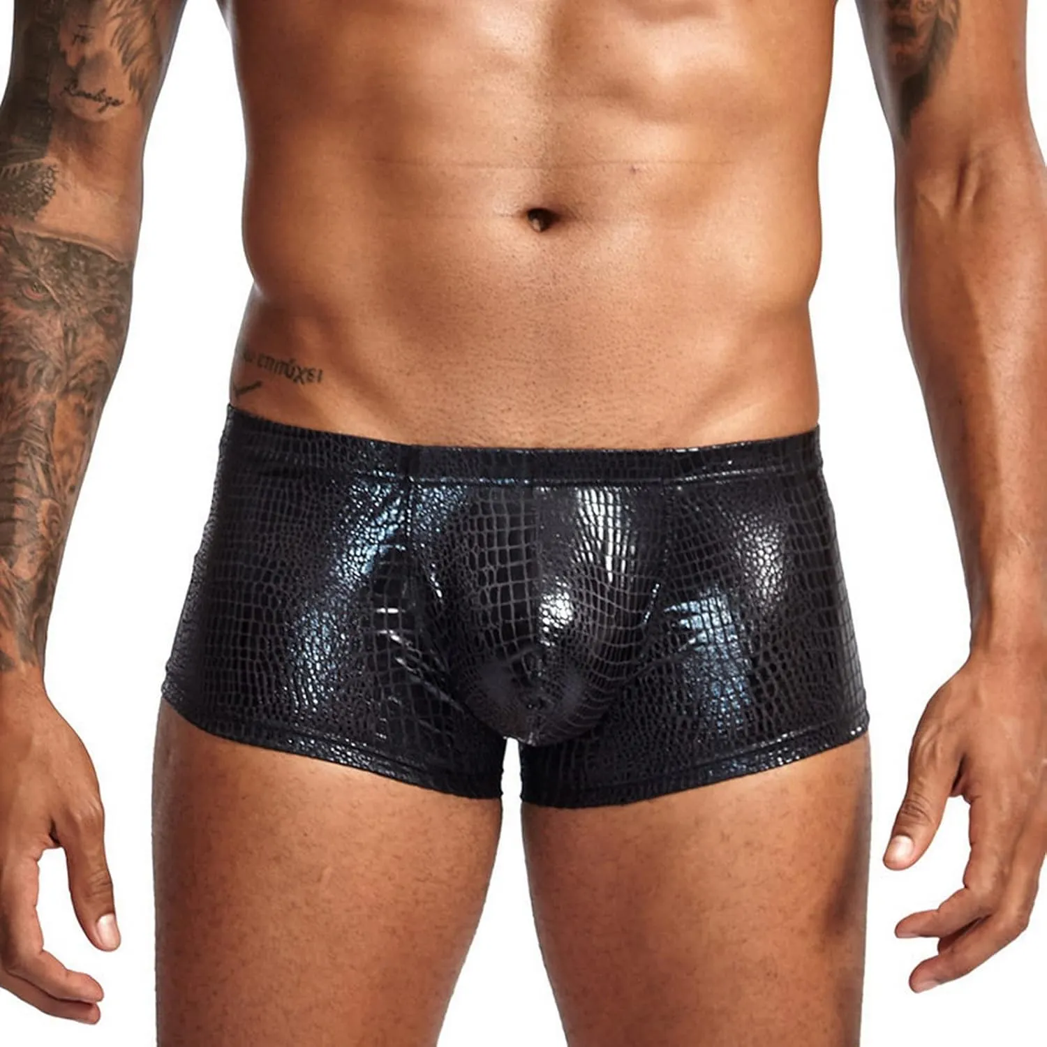Mens Snake Skin Leather Underwear Shorts Brand Open Front Crotchless