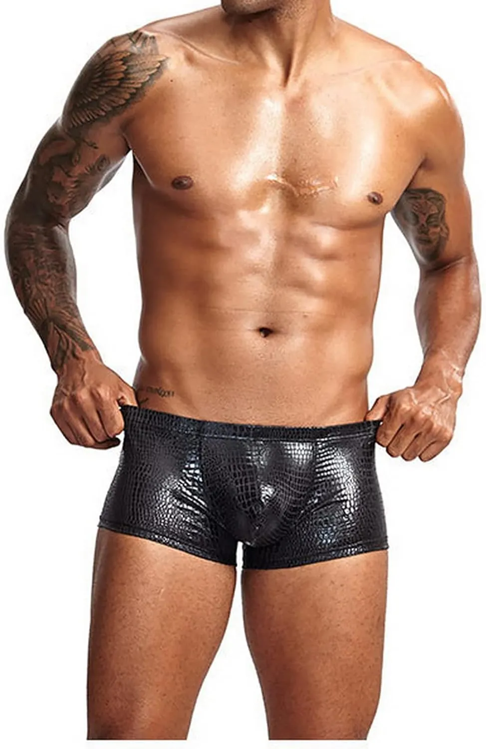 Mens Snake Skin Leather Underwear Shorts Brand Open Front Crotchless