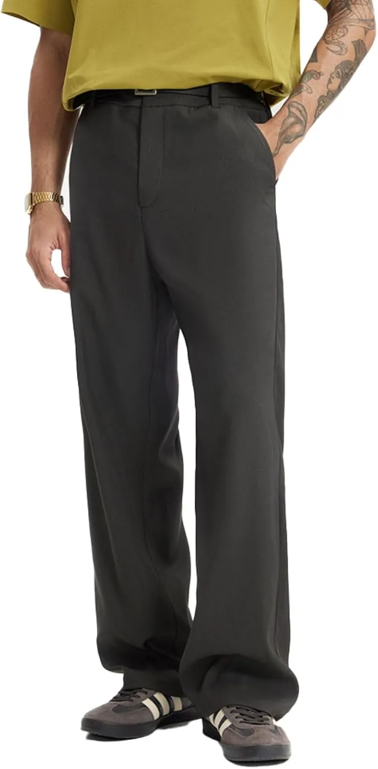 Men's Teen Loose Fit Wide Leg Dress Pants Casual Solid High Waist Straight Leg Trousers with Pocket