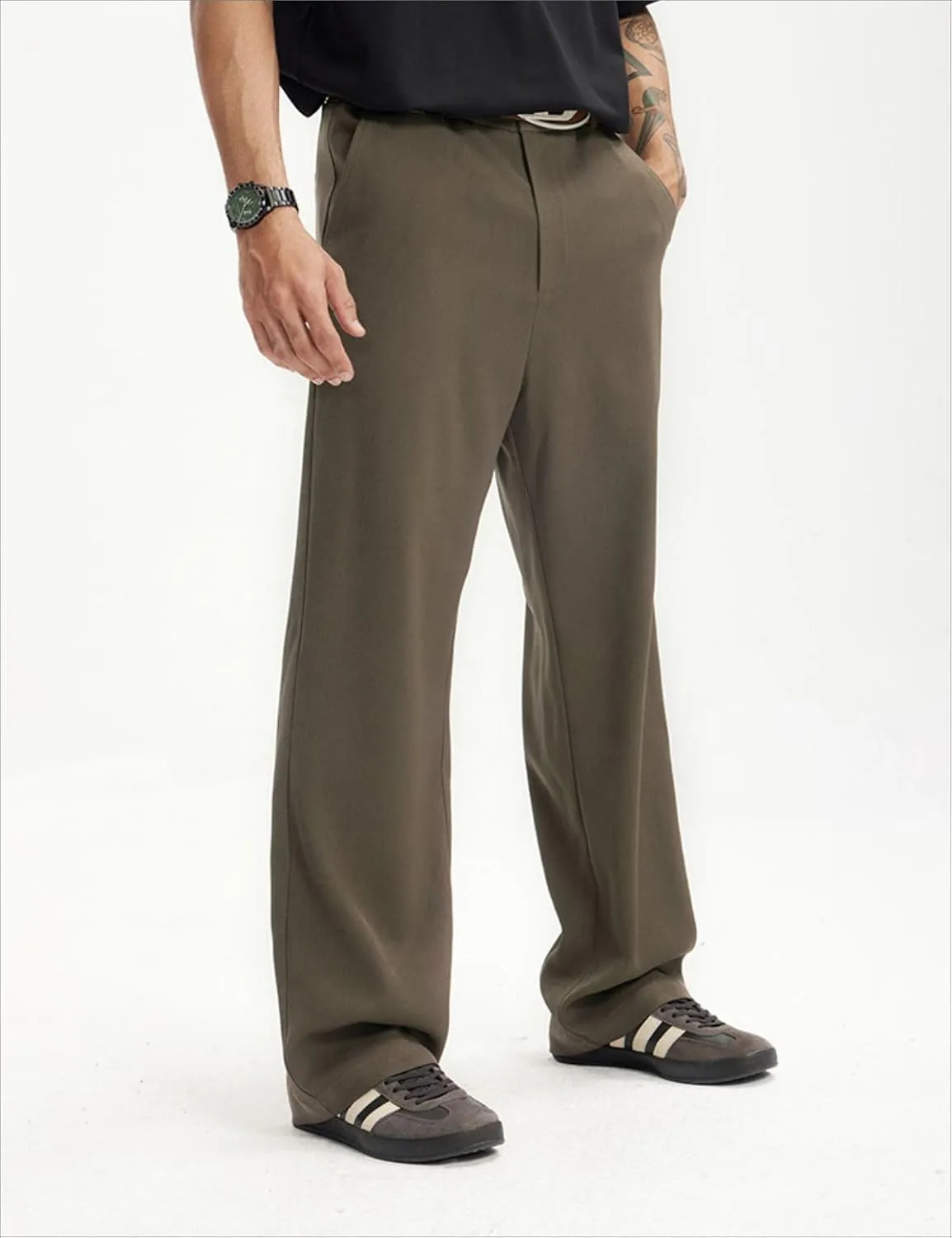 Men's Teen Loose Fit Wide Leg Dress Pants Casual Solid High Waist Straight Leg Trousers with Pocket