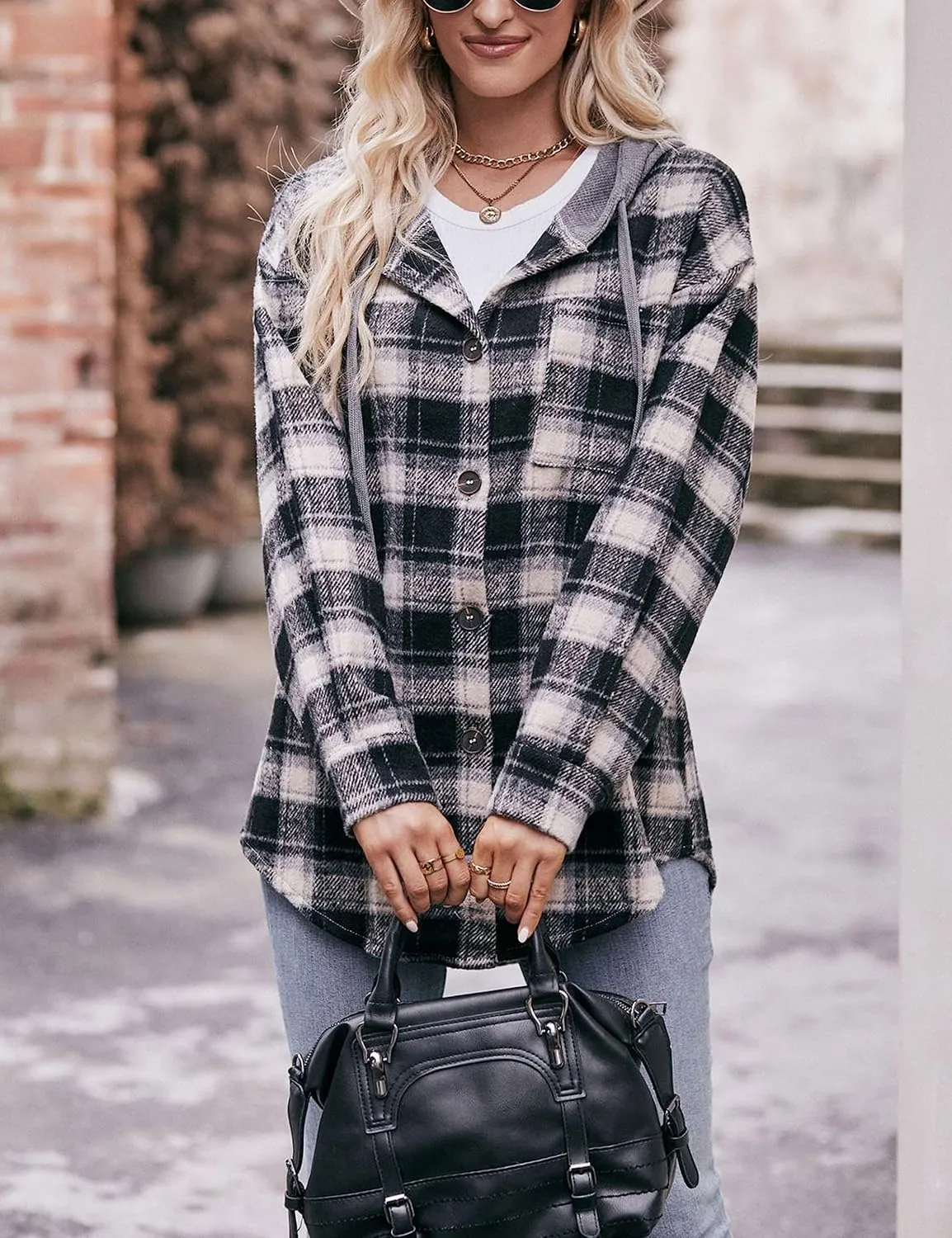 Mingzhu Womens Flannel Plaid Hoodie Jacket Shacket Oversized Button Down Coat