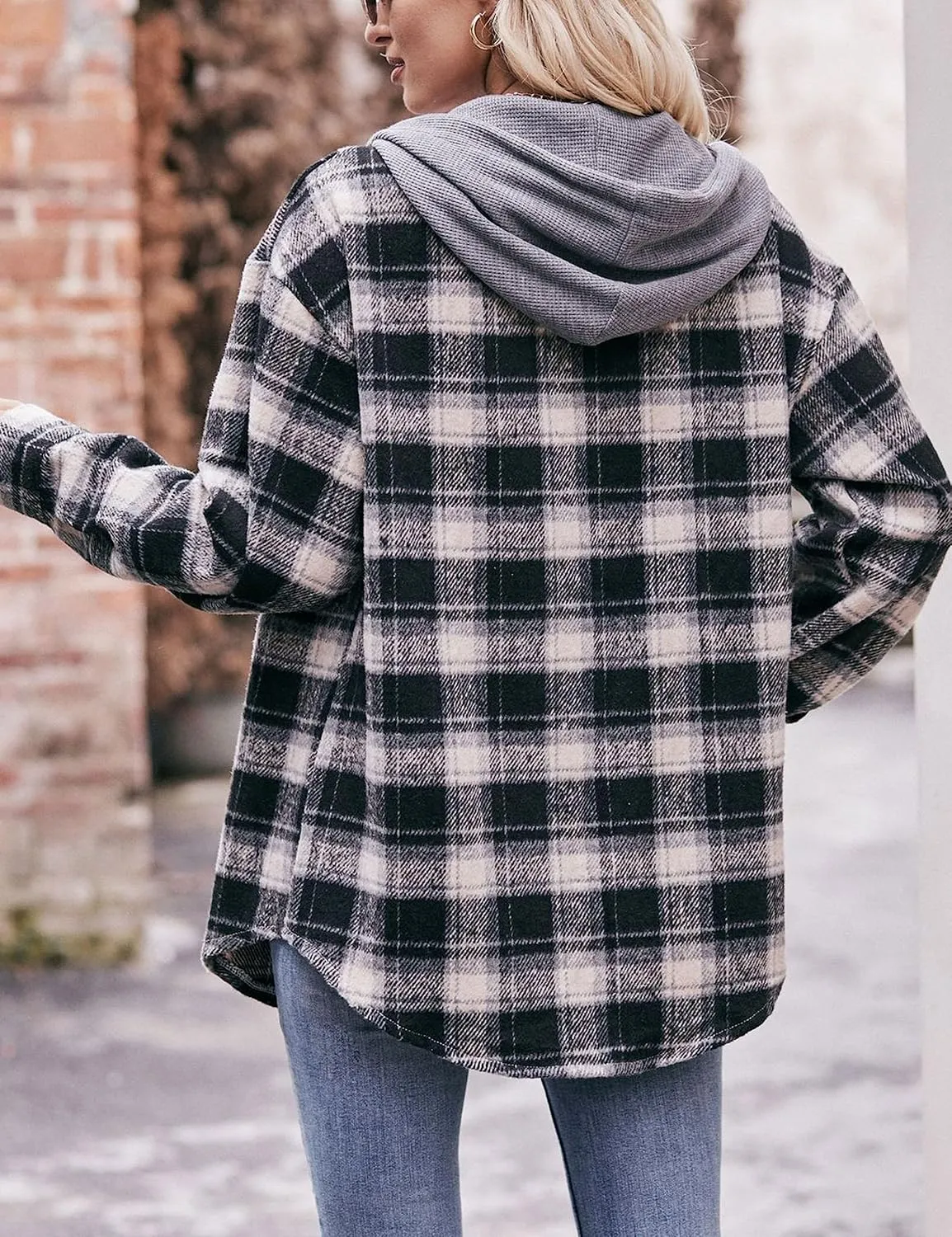 Mingzhu Womens Flannel Plaid Hoodie Jacket Shacket Oversized Button Down Coat