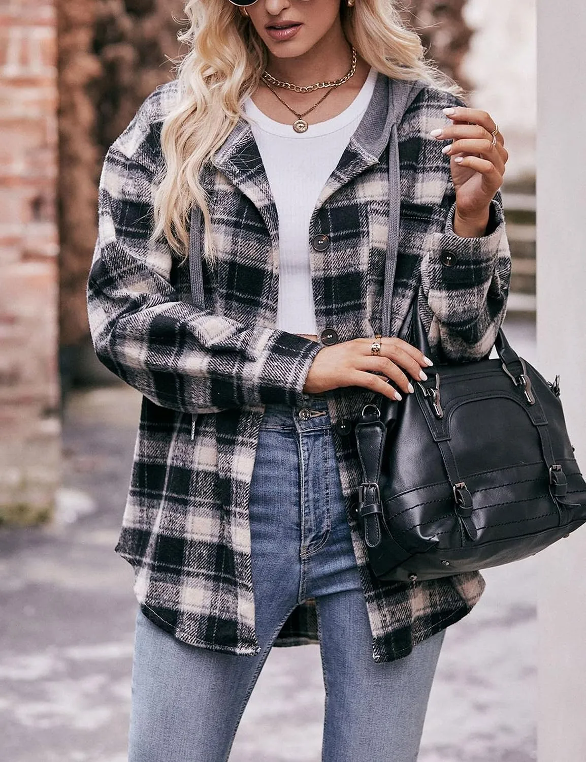 Mingzhu Womens Flannel Plaid Hoodie Jacket Shacket Oversized Button Down Coat