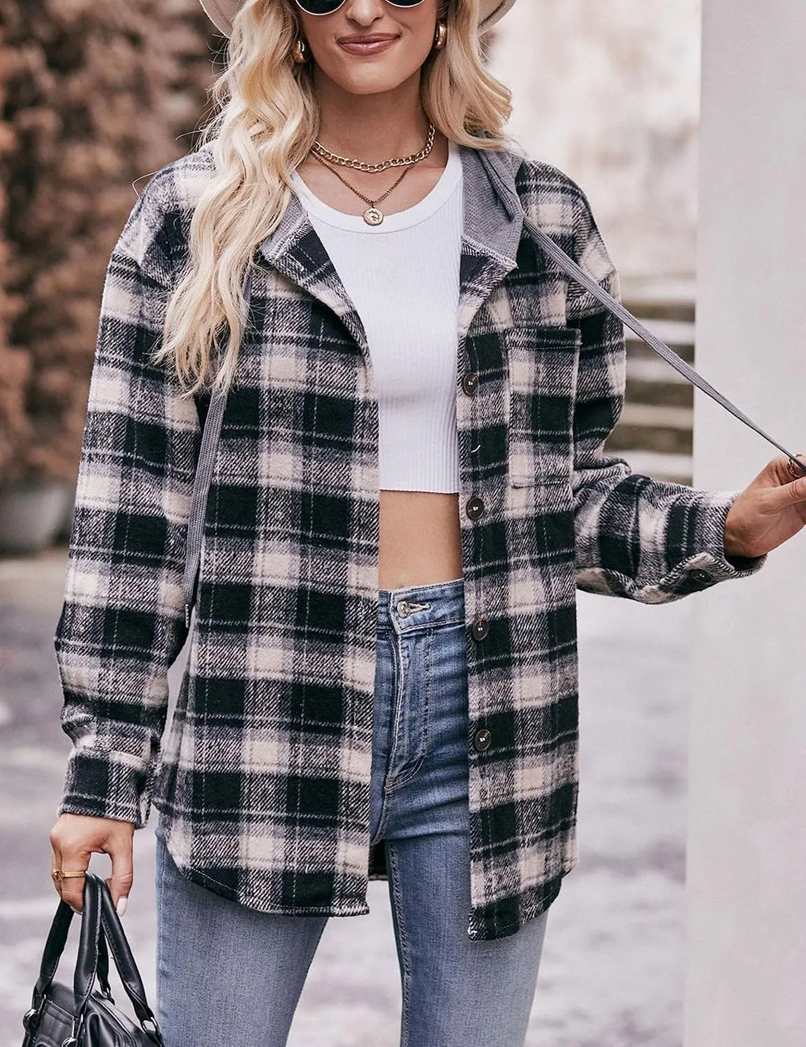 Mingzhu Womens Flannel Plaid Hoodie Jacket Shacket Oversized Button Down Coat