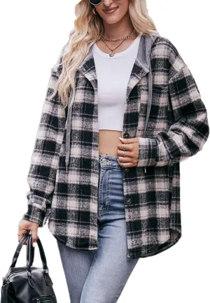 Mingzhu Womens Flannel Plaid Hoodie Jacket Shacket Oversized Button Down Coat