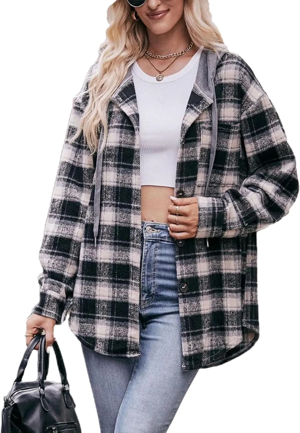 Mingzhu Womens Flannel Plaid Hoodie Jacket Shacket Oversized Button Down Coat