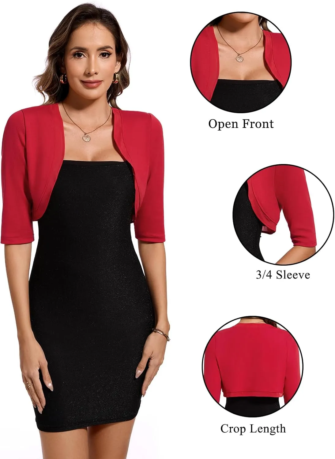 MINTLIMIT Women's Bolero Shrug Top 3/4 Sleeve Open Front Cropped Cardigan Boleros Jackets for Dresses