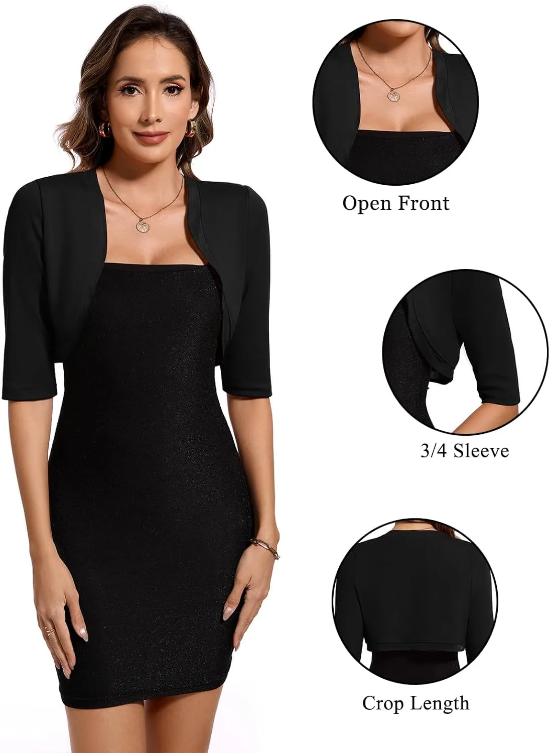 MINTLIMIT Women's Bolero Shrug Top 3/4 Sleeve Open Front Cropped Cardigan Boleros Jackets for Dresses