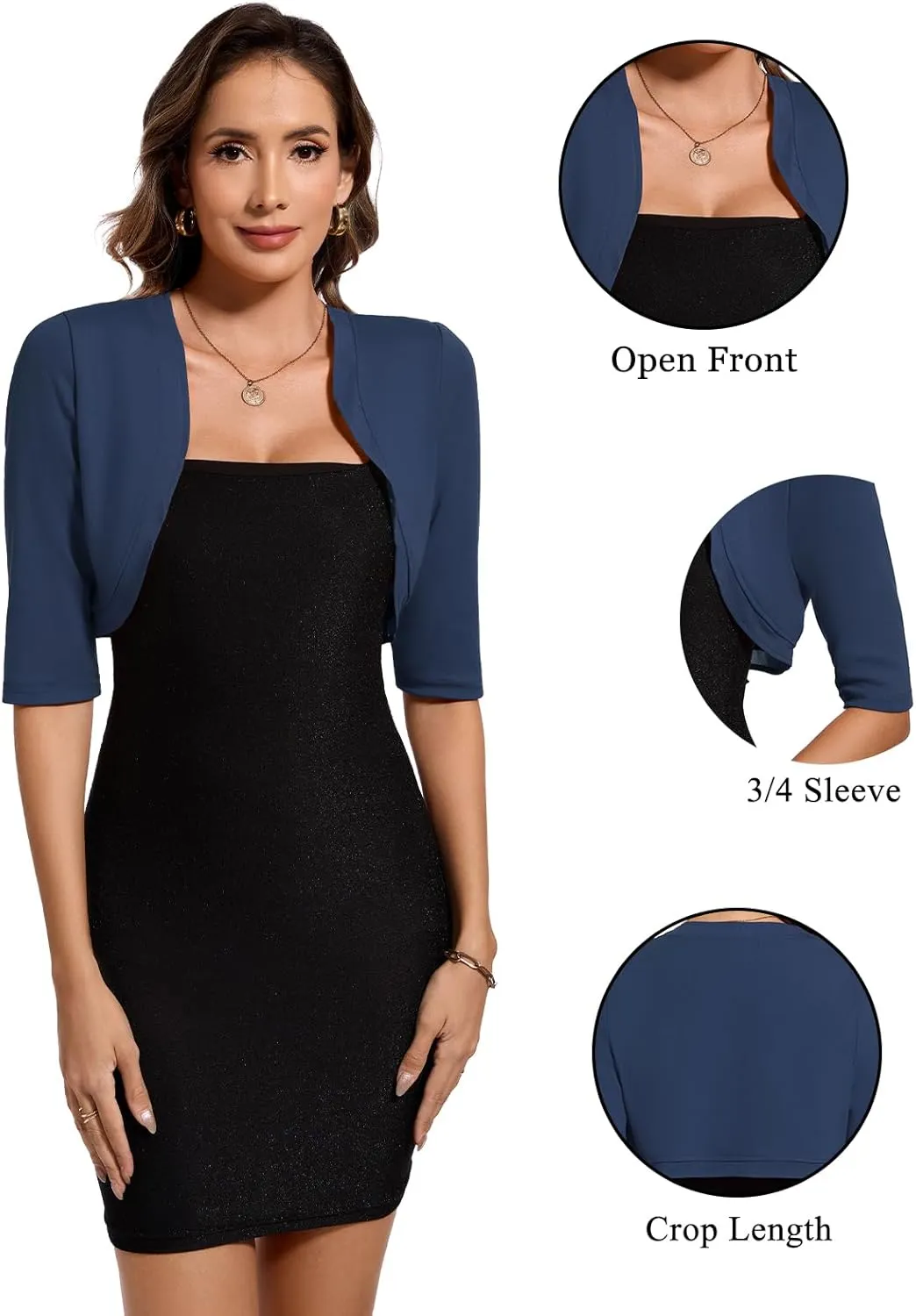 MINTLIMIT Women's Bolero Shrug Top 3/4 Sleeve Open Front Cropped Cardigan Boleros Jackets for Dresses