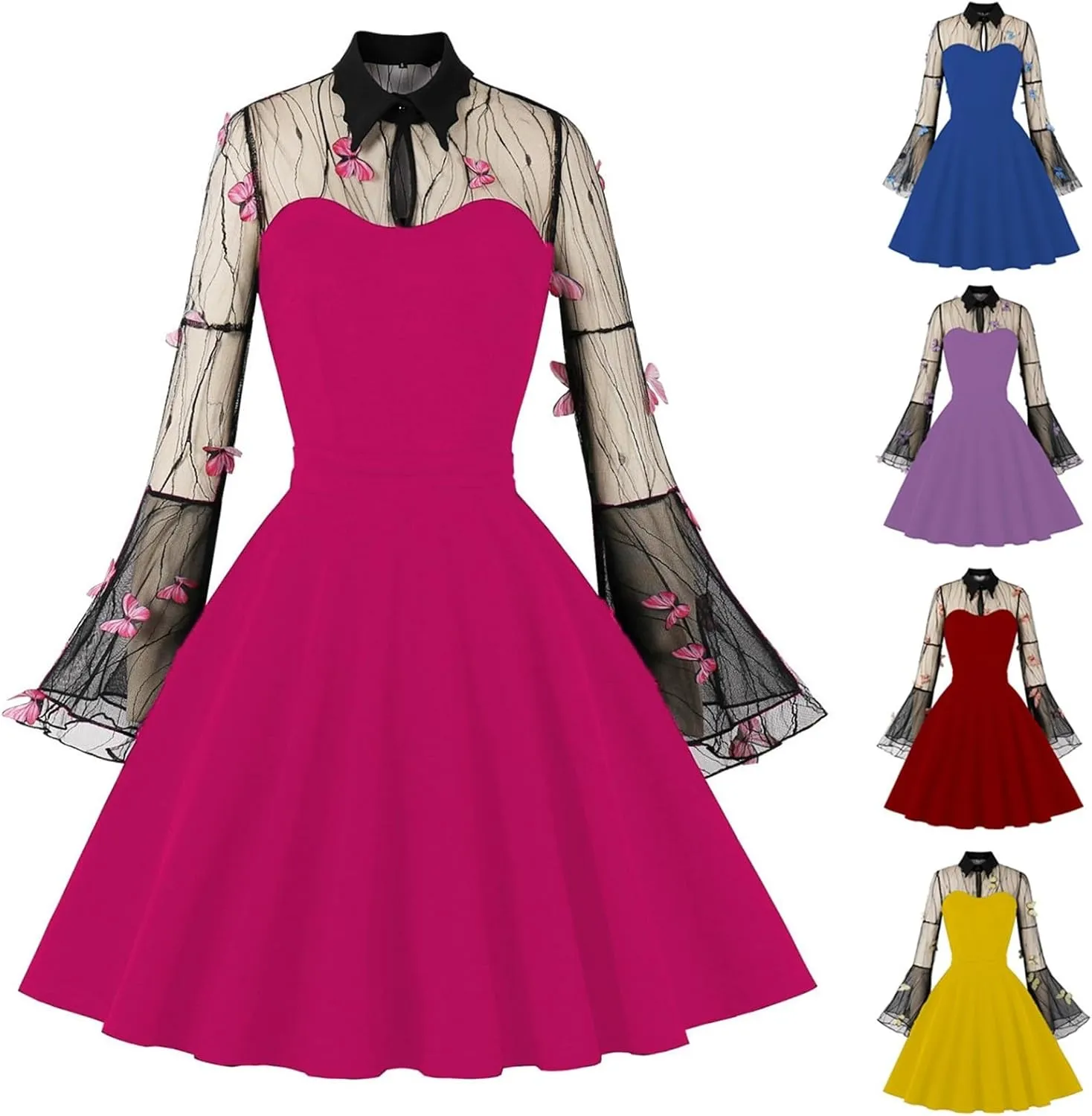 Miyaomn Women Keyhole Butterfly Mesh Bell Sleeve Midi Dress Gothic Cocktail 50s Vintage Lapel Collar Sheer A-Line Swing Dress