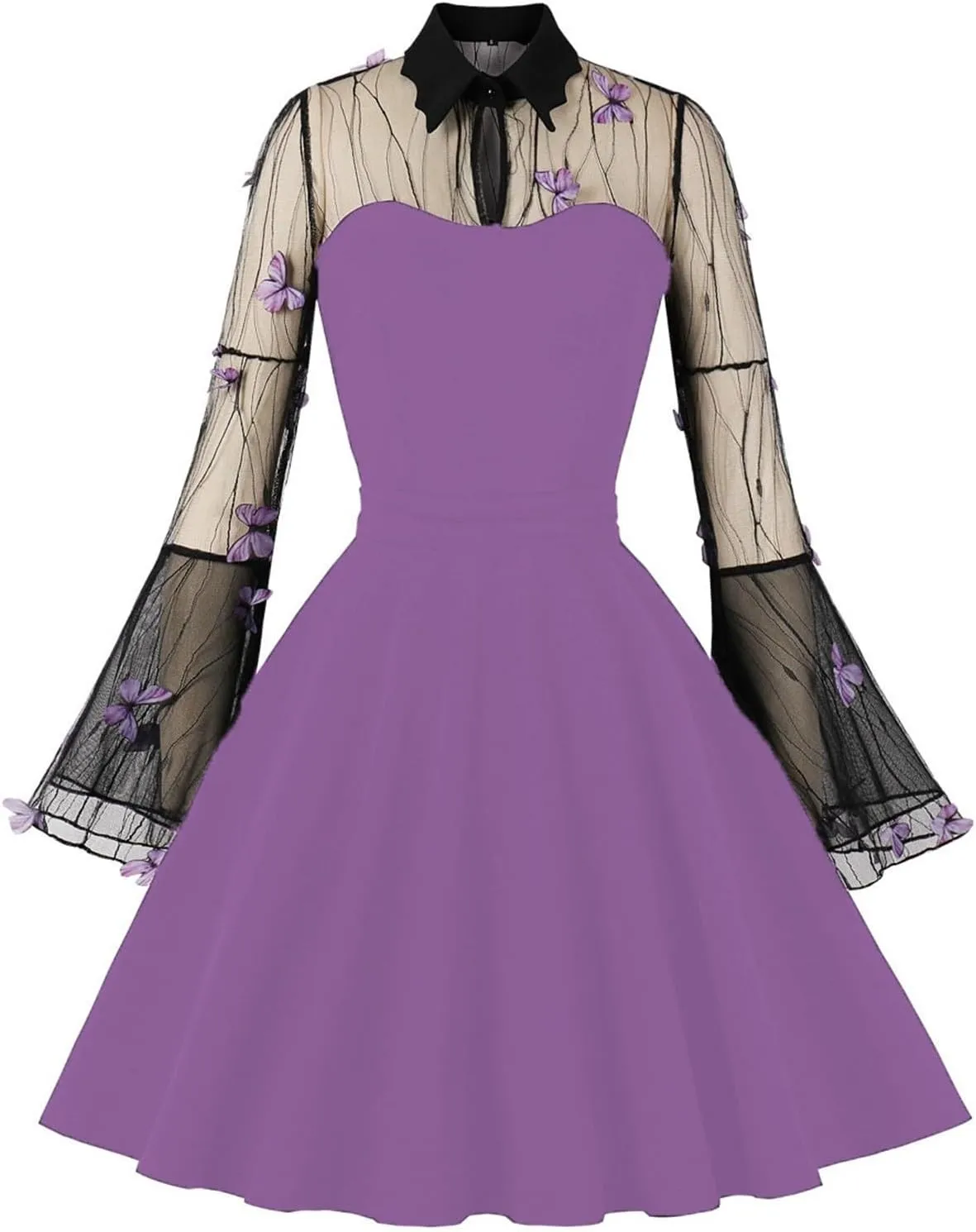 Miyaomn Women Keyhole Butterfly Mesh Bell Sleeve Midi Dress Gothic Cocktail 50s Vintage Lapel Collar Sheer A-Line Swing Dress