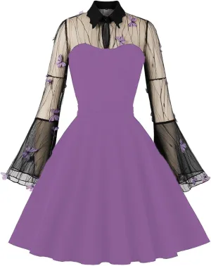 Miyaomn Women Keyhole Butterfly Mesh Bell Sleeve Midi Dress Gothic Cocktail 50s Vintage Lapel Collar Sheer A-Line Swing Dress