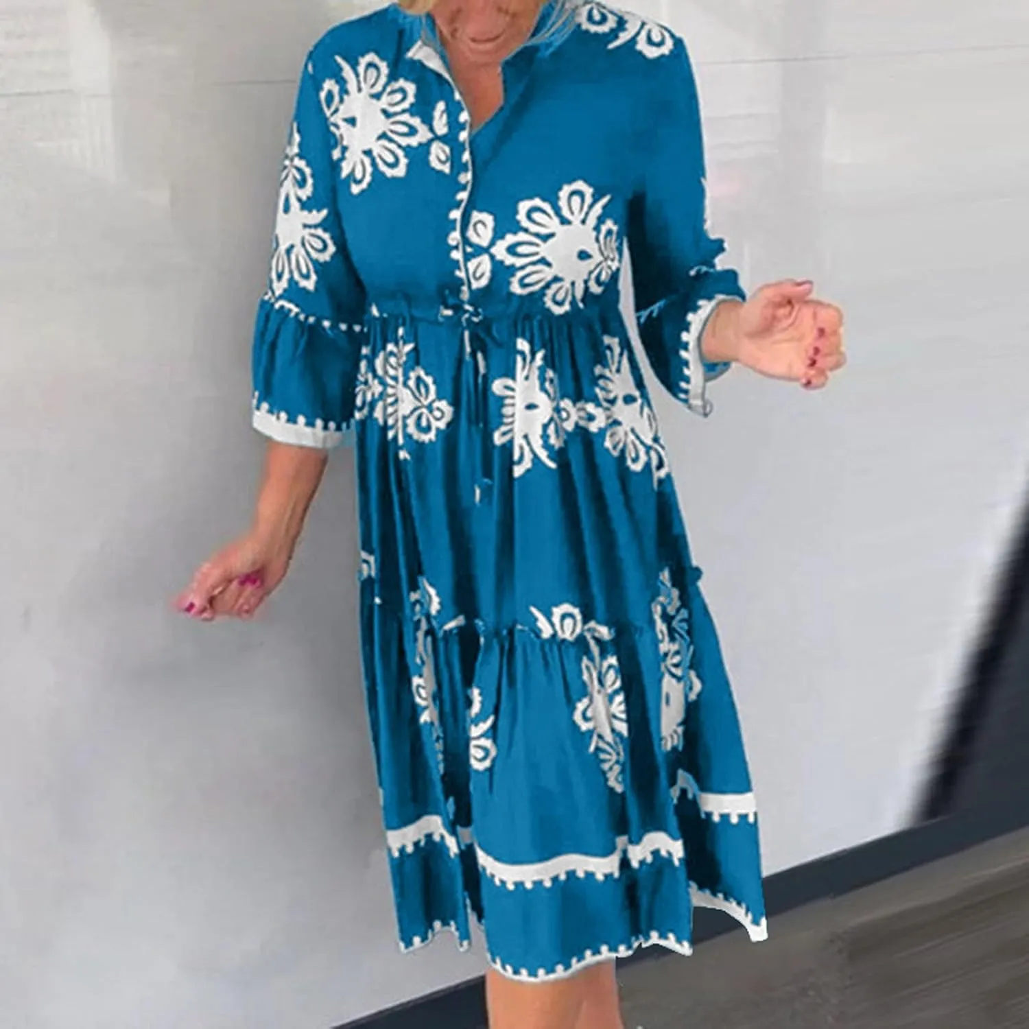 Miyaomn Womens Boho Floral Shirt Dress Tiered Ruffle Tied Waist Flare 3/4 Sleeve Button Down Casual A-Line Flowy Midi Dresses